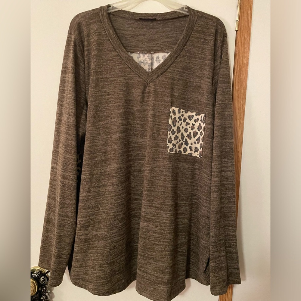 Brown Leopard Print Long Sleeve Casual Top 2XL